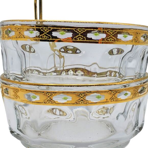 French Glass Condiment Bowls Arcoroc Valencia Gilded Green Hollywood Regency - Picture 10 of 16